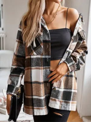 Women's Elegant Plaid Drop Shoulder Button Front Shirt Jacket, Fitted Woven Fabric, Spring & Fall Casual Outerwear