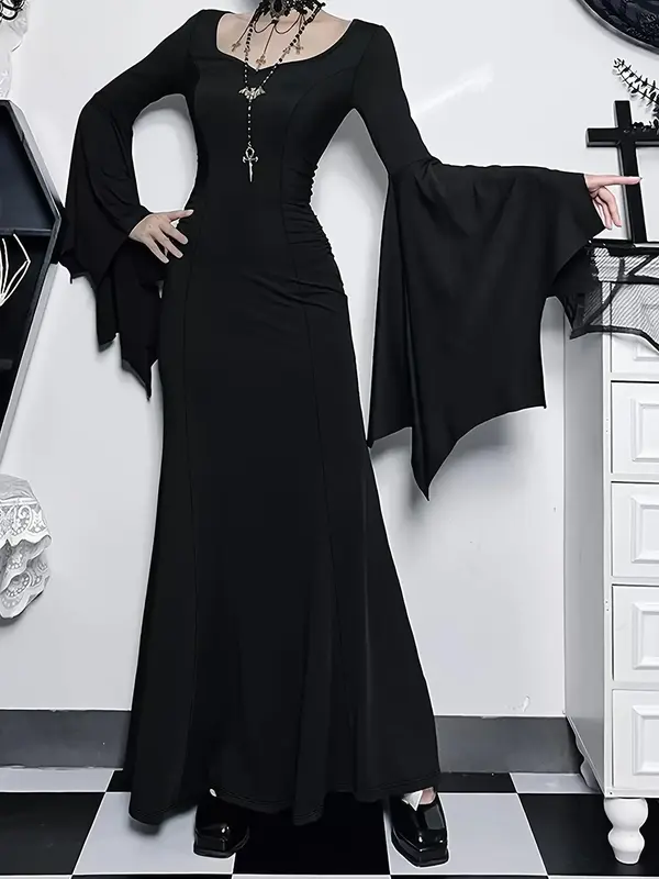 Witchcore Black Long Dress for Women Vintage Gothic Vibe Slim Fit