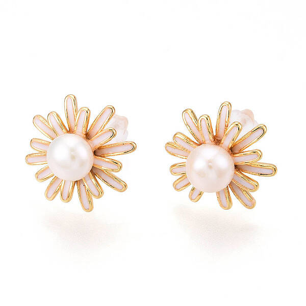 Flower Brass Natural Pearl Stud Earrings