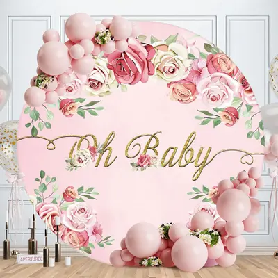 Aperturee Pink Floral And Gold Oh Baby Round Baby Shower Backdrop