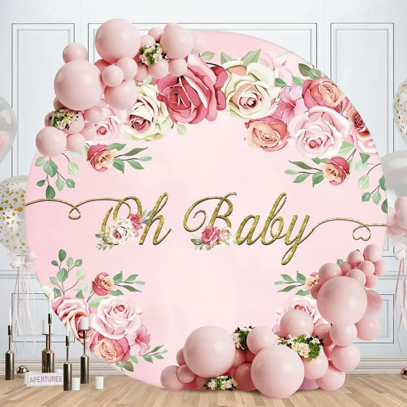 Aperturee Pink Floral And Gold Oh Baby Round Baby Shower Backdrop