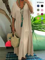 【Plus Size】 Women's Solid Ruffle Hem Tiered Layer Smock Dress, Boho Style Womenswear, Vneck Butterfly Sleeve Dress for Fa...