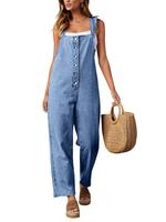 Tankaneo Women's Loose Denim Overalls Jumpsuits Ruffle Sleeve Button Down Straight Leg Jeans Long Rompers