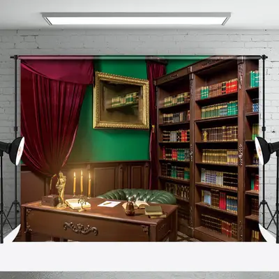 Retro Luxury Desk Books Green Wall Photo Backdrop - Aperturee
