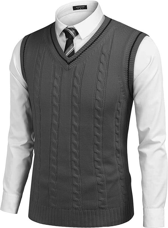 V Neck Sleeveless Knitted Pullover Vest Sweater (US Only), Dark Grey / L