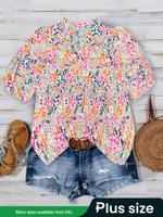 【Plus Size】 Floral Print Notched Neck Shortsleeve Blouse, Casual Top Shirts for Summer, Women's Clothes for Daily Wear