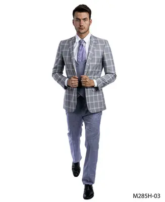 Tazio Men's 3 Piece Windowpane Executive Suit Two Tone