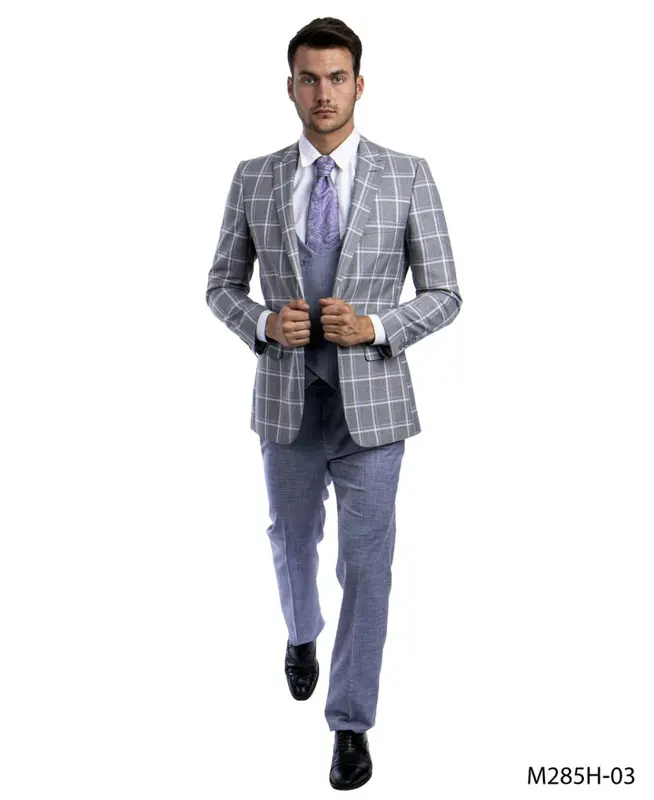 Tazio Men's 3 Piece Windowpane Executive Suit Two Tone