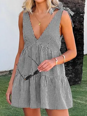Women's Plaid Print Bow Decor Tie Shoulder Dress, Casual Fashion Gingham Dress for Daily Holiday Vacation Wear, Ladies Dress ...