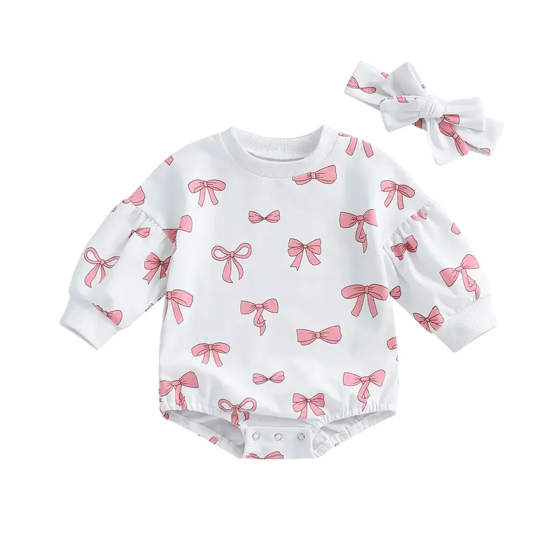 Baby Girl Boy Fall Outfit Bow Print Puff Long Sleeve Sweatshirt Bubble Romper Onesie Bodysuit Outfits with Headband