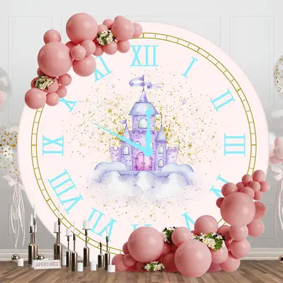 Fairy Tale Pink Clock Castle Round Birthday Backdrop - Aperturee