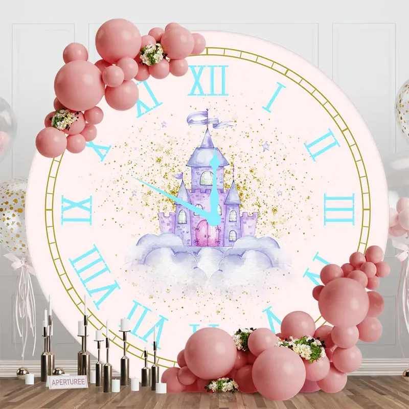 Fairy Tale Pink Clock Castle Round Birthday Backdrop - Aperturee
