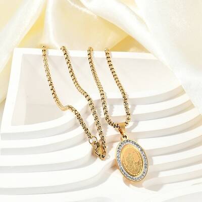 304 Stainless Steel Micro Pave Clear Cubic Zirconia Oval Pendant Box Chain Necklaces for Men