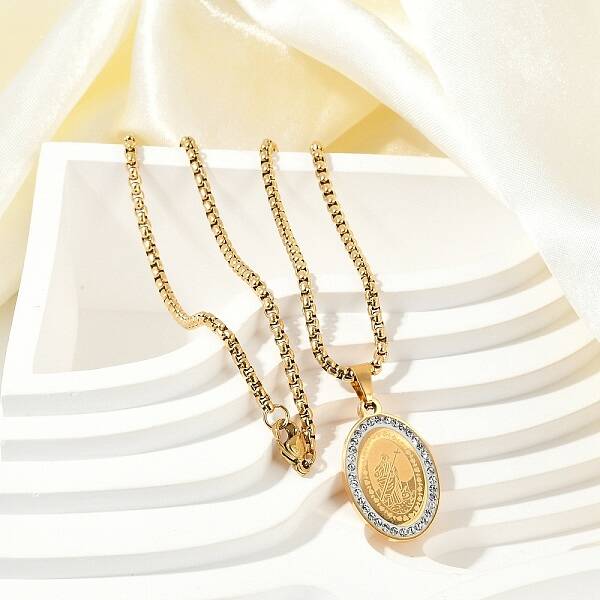 304 Stainless Steel Micro Pave Clear Cubic Zirconia Oval Pendant Box Chain Necklaces for Men