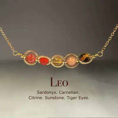 Handmade Leo Crystal Necklace, Zodiac Choker, Carnelian, Sunstone, Tiger Eye, Sardonyx, Citrine, Natural Astrology Sign Jewel...