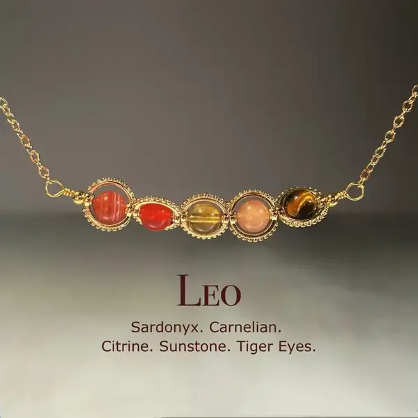 Handmade Leo Crystal Necklace, Zodiac Choker, Carnelian, Sunstone, Tiger Eye, Sardonyx, Citrine, Natural Astrology Sign Jewel...