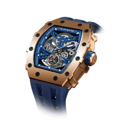 TSAR BOMBA Men's Automatic Watch | Gold Blue | Stainless Steel Case | Japanese Mechanical Skeleton Movement | Luxury Sport Wr...