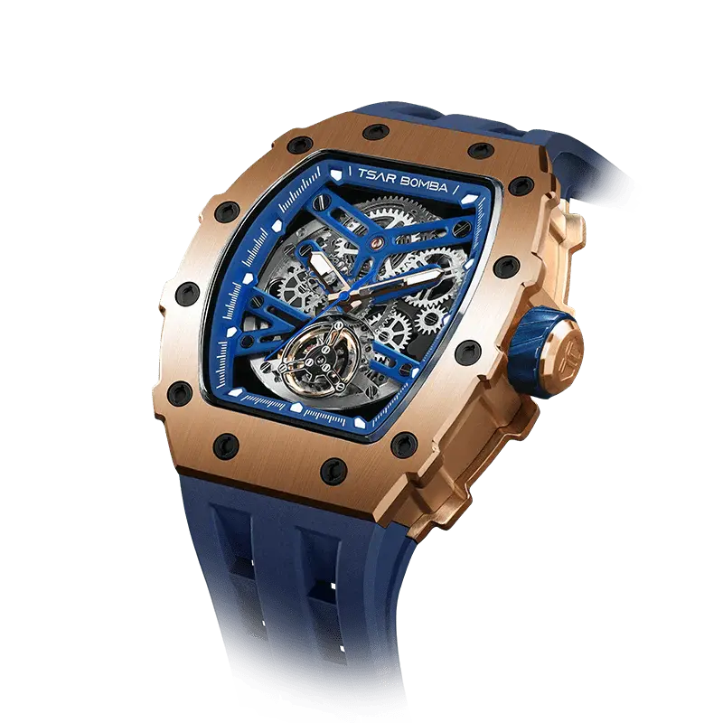 TSAR BOMBA Men's Automatic Watch | Gold Blue | Stainless Steel Case | Japanese Mechanical Skeleton Movement | Luxury Sport Wr...