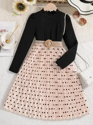 Girl's Polka Dot Print Lettuce Trim PleatedĀ BeltedĀ Dress, Elegant Puff Sleeve A Line Dress for Party Holiday Wedding Guest,...