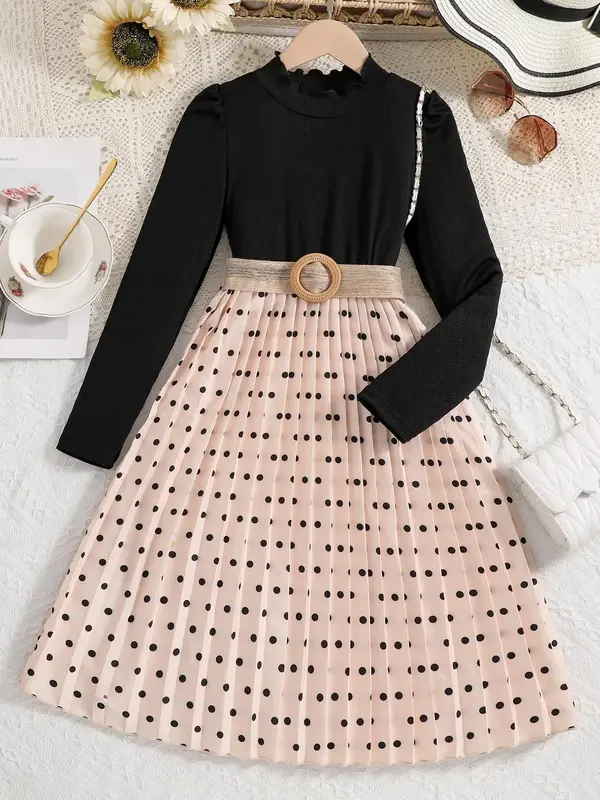 Girl's Polka Dot Print Lettuce Trim Pleated Belted Dress, Elegant Puff Sleeve A Line Dress for Party Holiday Wedding Guest,...