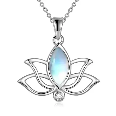 Sterling Silver Oval Moonstone Lotus Pendant Necklace