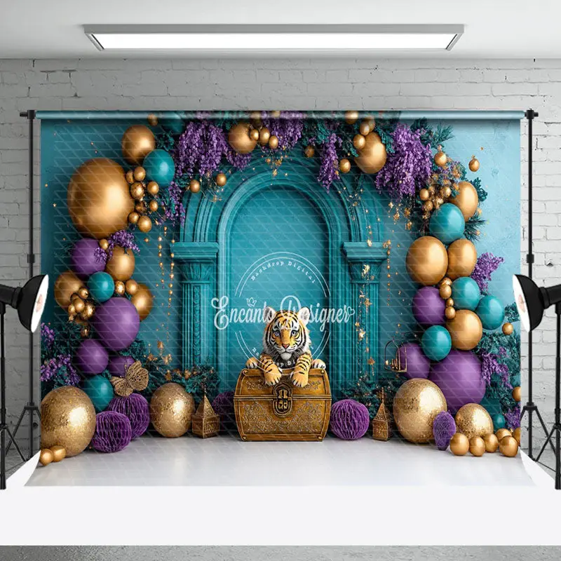 Aperturee Gold Purple Balloon Floral Tiger Cake Smash Backdrop - Aperturee