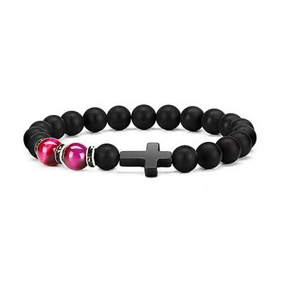 Cross Natural Obsidian & Dyed Tiger Eye Stretch Bracelet