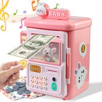 Rabbit ATM Piggy Bank Toy for Kids - Mini Coin Bank with Password Protection, Auto Bill Slot, Fun Dinosaur Design, Pink & Gre...