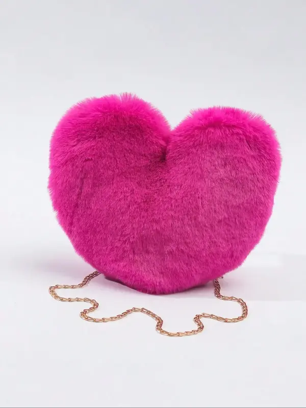 Women's Fashion Heart Shaped Fluffy Plush Crossbody Bag, Casual Solid Color Chain Strap Warm Winter Shoulder Bag for Teen Gir...