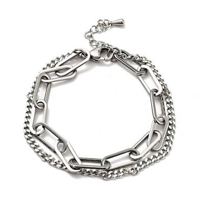 Tarnish Resistant 201 Stainless Steel Paper & Curb Chains Double Layered Multi-strand Bracelet for Women