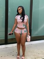Two-piece Set Women's Colorblock Short Sleeve Crop Tee & Shorts, Casual V Neck T-shirt & Shorts for Daily Wear, Ladies Summer...