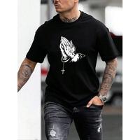 Stylish Men's Graphic Tee – Round Neck, Drop Shoulder Design with Prayer Gesture & Cross Print for Summer Streetwear