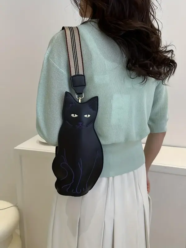 Women's Fashionable Cat Design Crossbody Bag, Novelty Animal Shaped Design Crossbody Bag with Striped Pattern Adjustable Stra...