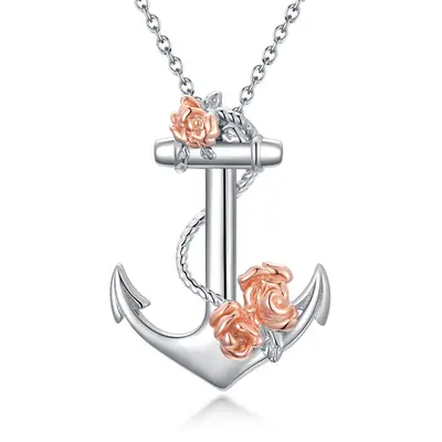 Sterling Silver Two-tone Rose & Anchor Pendant Necklace