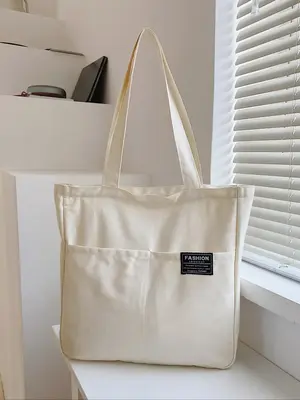 Women's Letter Label Decor Canvas Tote Bag, Simple Design Pocket Decor Shoulder Bag, Fashionable Patched Design Shoulder Tote...