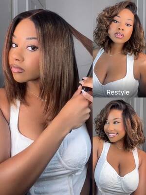 Nadula 7x5 and 13x4 Chestnut Brown Ombre Yaki Straight Bob Wig Pre-Bleached Natural Looking Glueless Wig