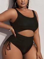 Plus Size Solid Cut Out One-pieces, Casual Sleeveless Backless Swim One-pieces for Beach Holiday Vacation, Women's Swimwear f...