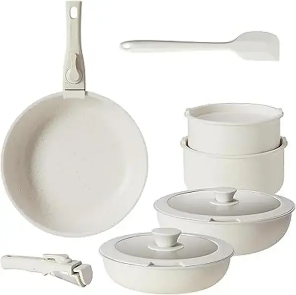 12 Pcs Pots and Pans Set, White Granite Nonstick Cookware Sets Detachable Handle, Stackable Induction Kitchen Cooking Set, St...