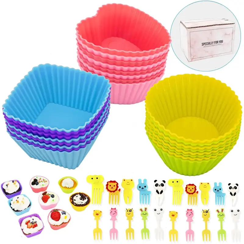 Reusable Thicked Silicone Cupcake Liners Set, 2.75 Inch Non-stick Muffin Baking Cups in Square, Heart, and Circle Shapes, Ben...