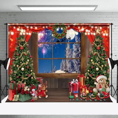 Aperturee Wooden Window Christmas Tree Night Photo Backdrop - Aperturee