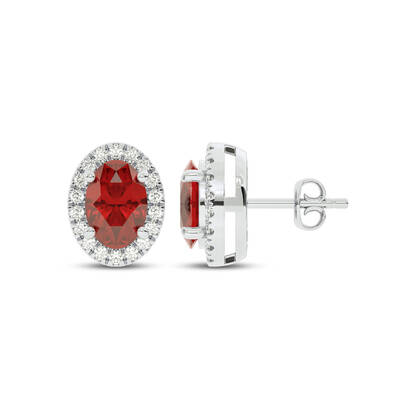 Dainty Lab Grown Diamond Whisper Halo Earrings | 14K White Gold 1/6 ct. tw. Diamond & 5X3mm Oval Ruby