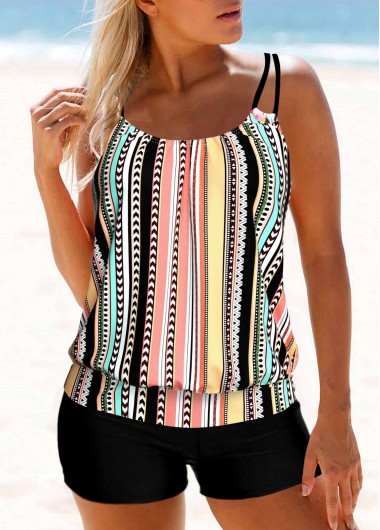 Modlily Multi Stripe Print Double Straps Tankini Top - XXL