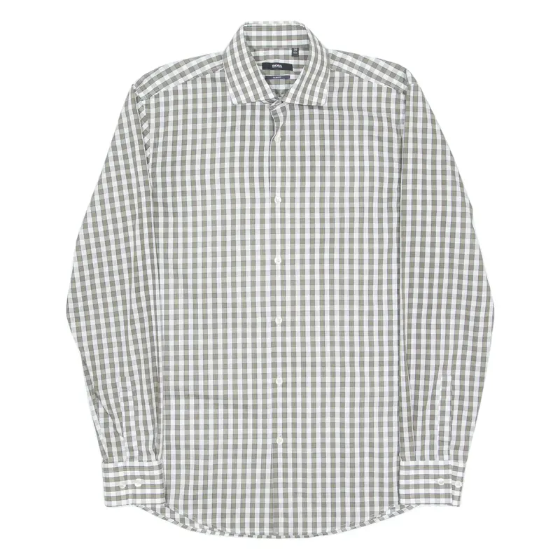 BOSS Slim Fit Mens Shirt Green Check Long Sleeve M