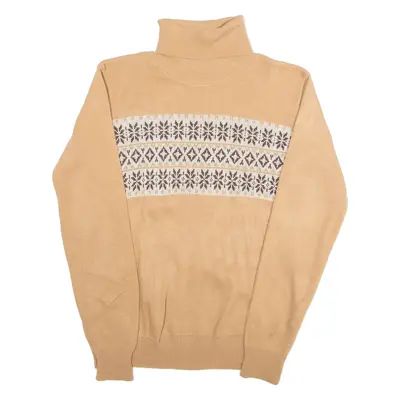 Womens Patterned Jumper Beige Fair Isle Roll Neck Tight Knit S