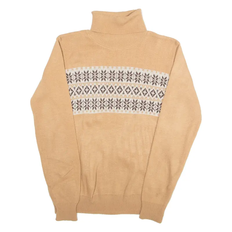 Womens Patterned Jumper Beige Fair Isle Roll Neck Tight Knit S