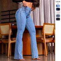 Elastic waist high waist button up slim slim long wide leg jeans for women Casual Denim