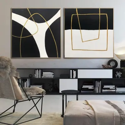 Abstract Black And White Diptych Paintings On Canvas Original Textured Fine Art Modern Wall Art Hand Painted Art | UNKNOWN PO...
