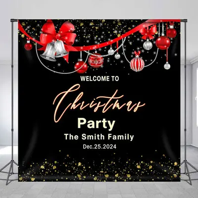 Customized Name Bell Ball Black Christmas Backdrop - Aperturee