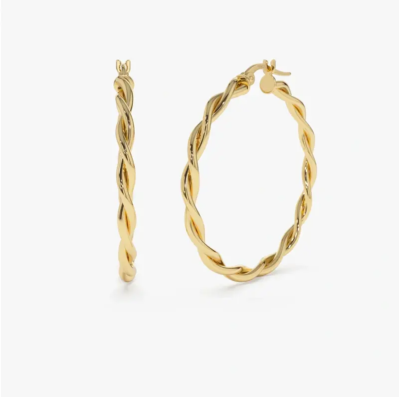 14K Solid Yellow Gold Twist Earrings 40mm