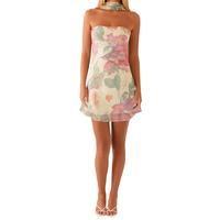 Women Cute Floral Tube Strapless Mini Dress with Neck Scarf Summer Mesh Backless Beach Short Dress Elegant Party Dresses